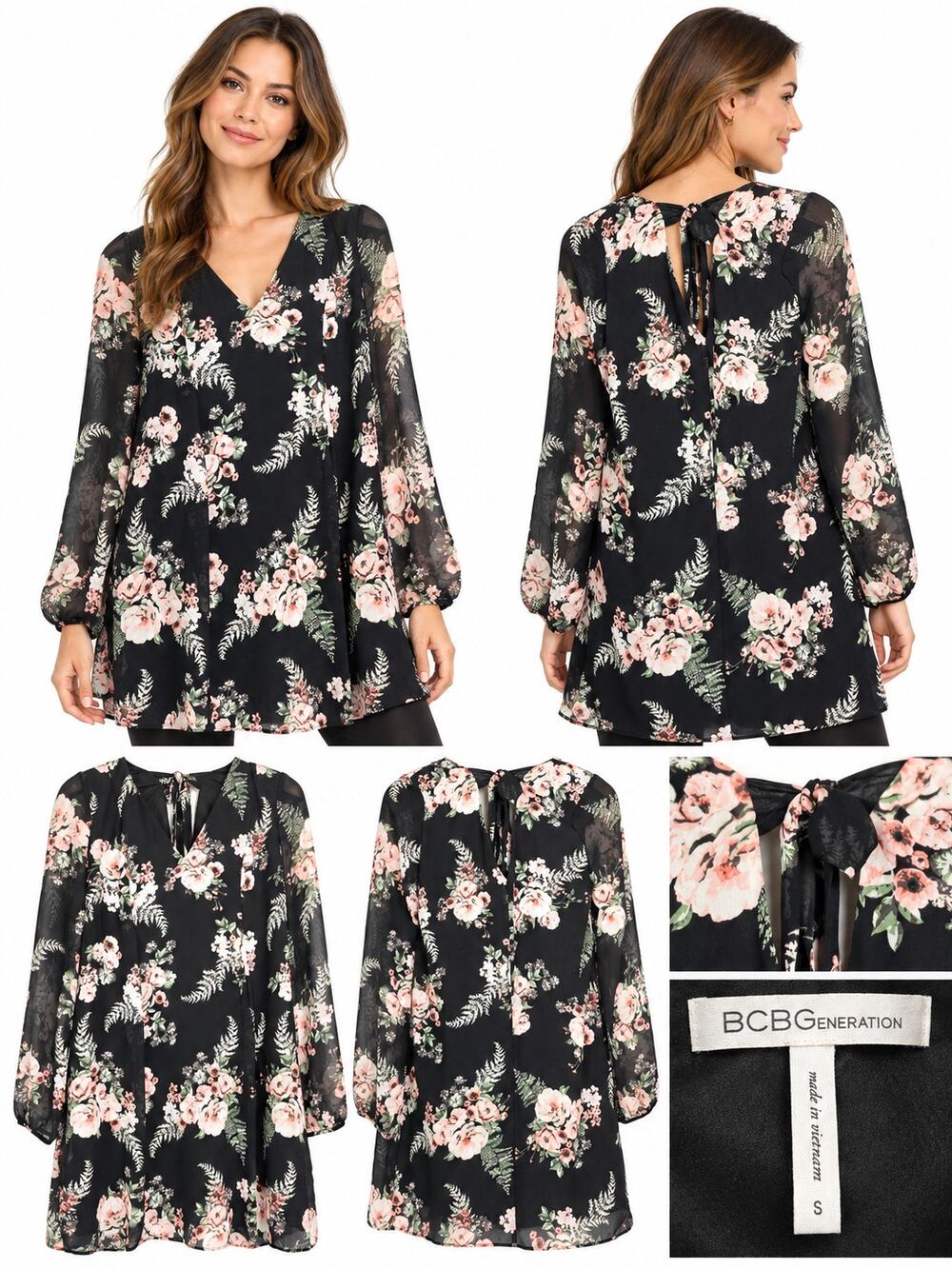 BCBGeneration S Black Floral Chiffon Tie Back Dress